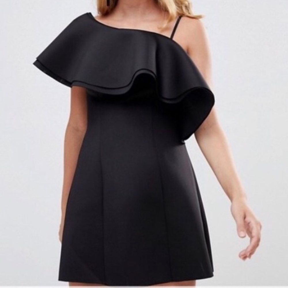 Dress-12 Black Scuba One Ruffle Shoulder Mini Party Holiday Semi Formal Party - Picture 2 of 4